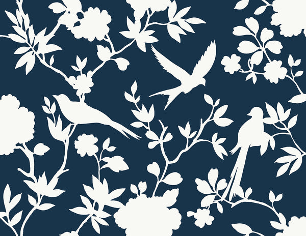 Kauai Bird Toile Traditional Toile - Denim Blue | Architectural Wallcoverings