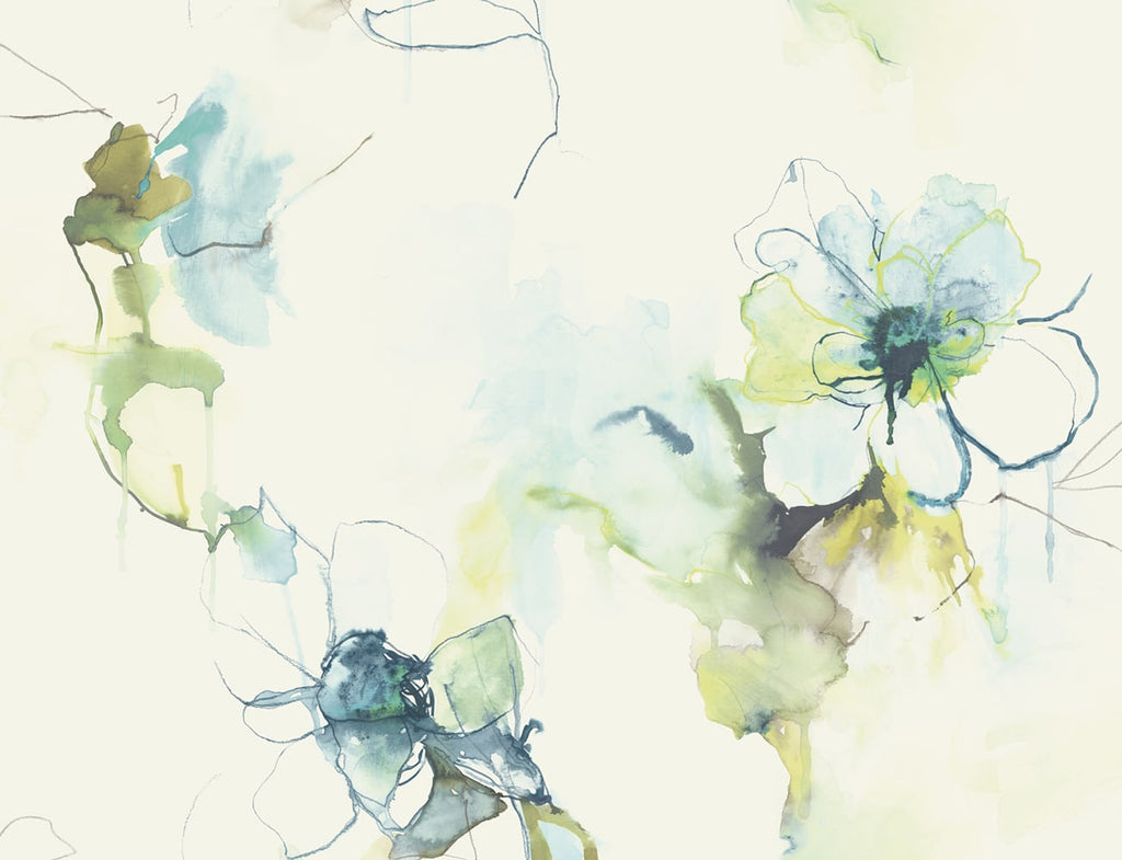 Malibu Anemone Watercolor Floral Wallpaper - Contemporary Floral - Glacier Blue and Pear | Malibu Wallpaper
