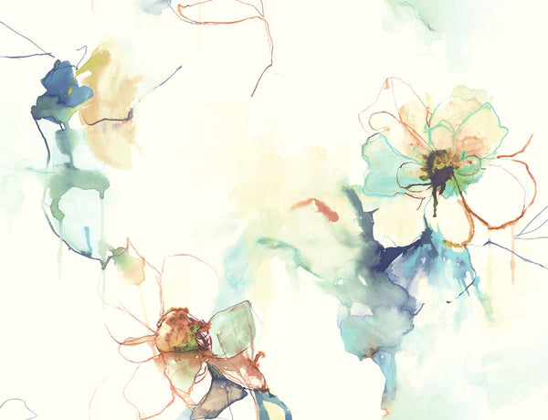 Anemone Watercolor Floral Contemporary Floral - Turquoise and Persimmon | Architectural Wallcoverings