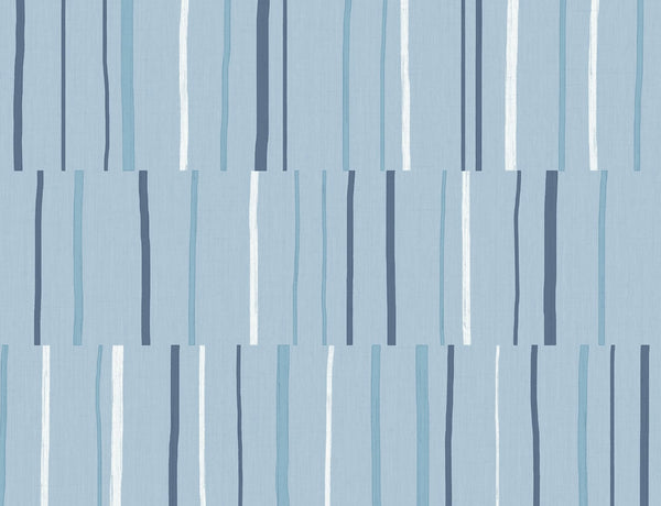 Malibu Block Lines Wallpaper - Contemporary Geometric - Bluebird, Navy, and Glacier White | Malibu Wallpaper