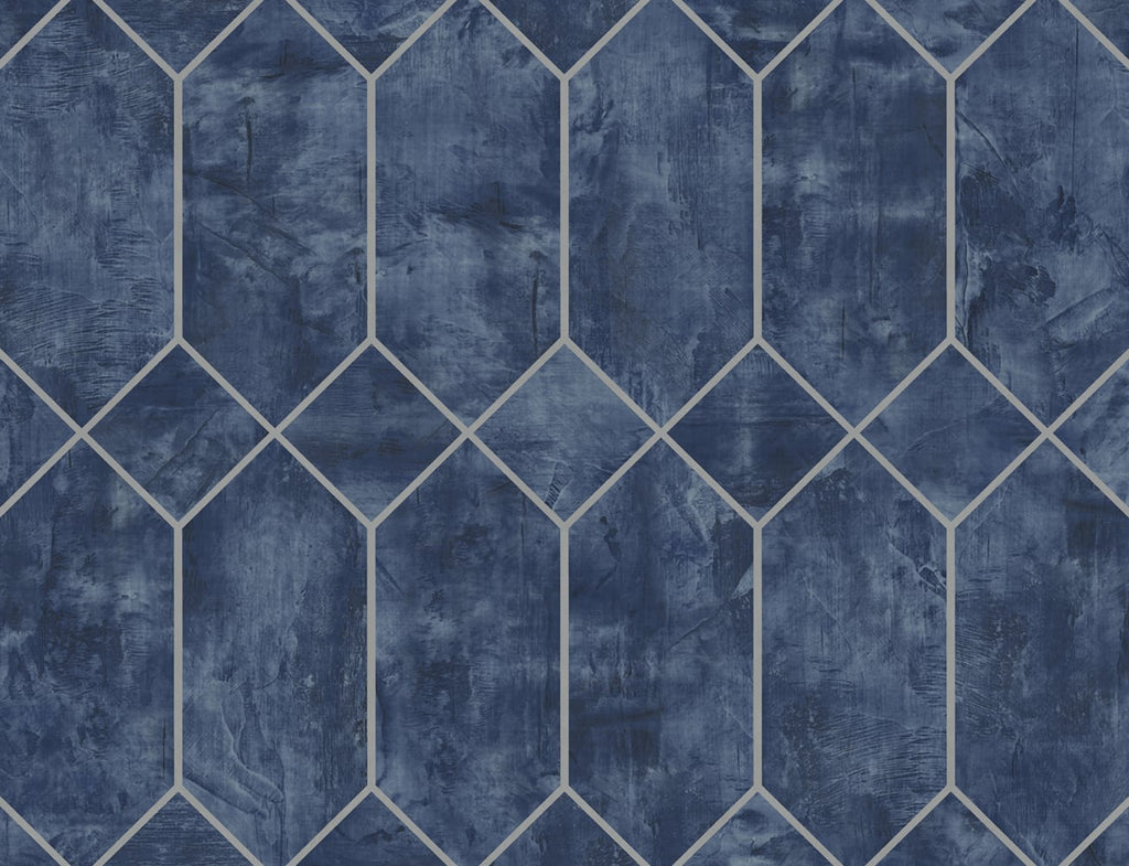 Malibu Geo Faux Wallpaper - Contemporary Geometric - Denim Blue and Metallic Silver | Malibu Wallpaper