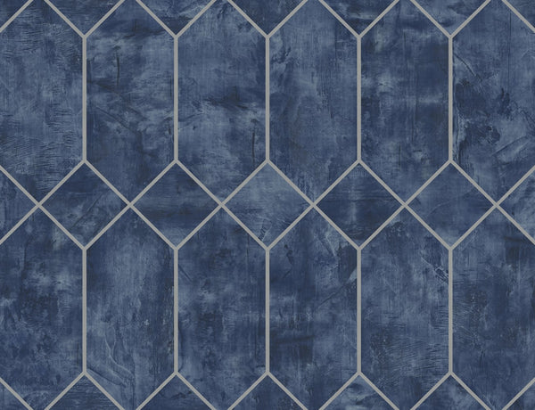 Malibu Geo Faux Wallpaper - Contemporary Geometric - Denim Blue and Metallic Silver | Malibu Wallpaper