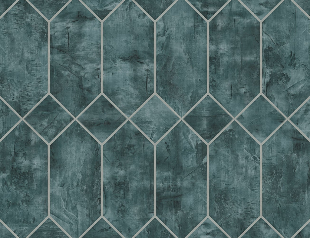 Malibu Geo Faux Wallpaper - Contemporary Geometric - Emerald and Metallic Silver | Malibu Wallpaper