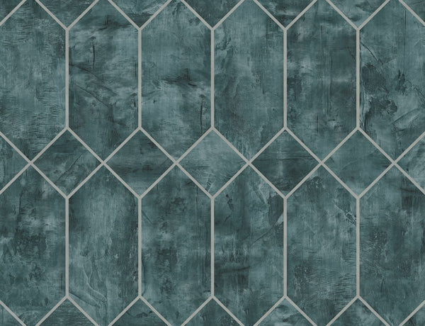 Malibu Geo Faux Wallpaper - Contemporary Geometric - Emerald and Metallic Silver | Malibu Wallpaper