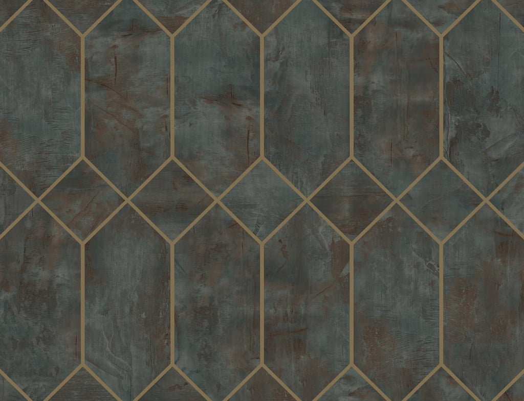 Malibu Geo Faux Wallpaper - Contemporary Geometric - Rust, Forest Green, and Metallic Gold | Malibu Wallpaper