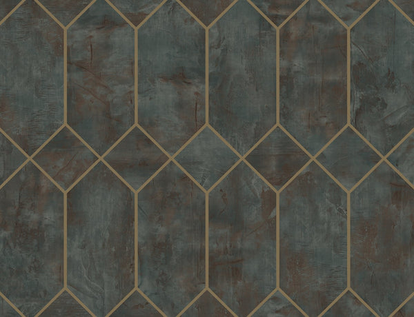 Malibu Geo Faux Wallpaper - Contemporary Geometric - Rust, Forest Green, and Metallic Gold | Malibu Wallpaper
