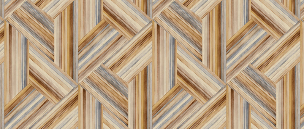 Fentucci Geo Inlay Fabric Wallpaper - Contemporary Geometric - Saddle Brown and Steel | Malibu Wallpaper