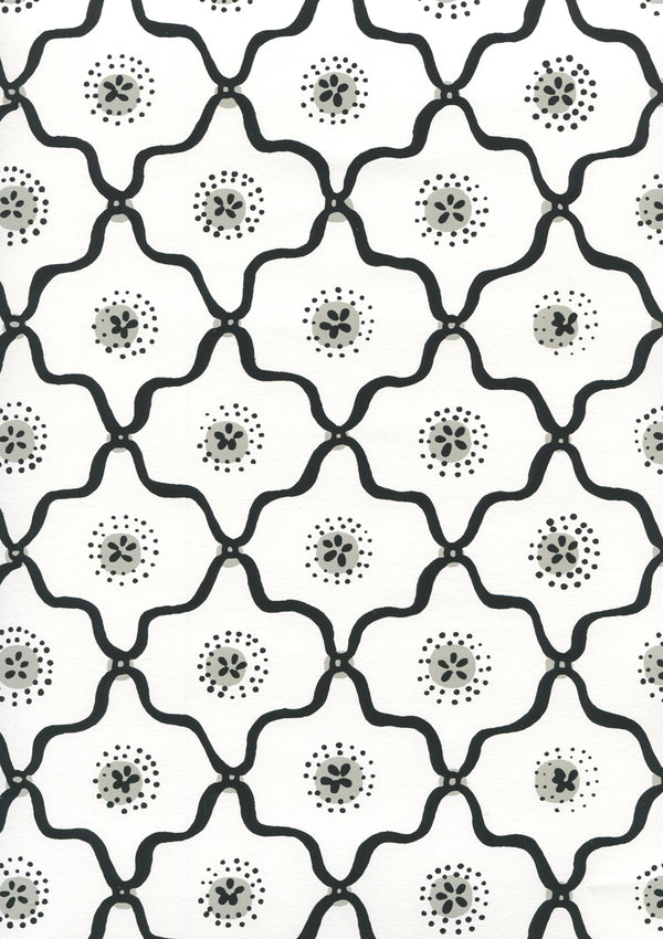 Longfellow Black Grey on White Screen Printed - Off-White Wallcovering | China Seas
