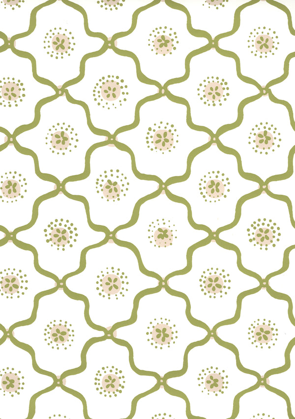 Longfellow Moss Green Taupe on Almost White Screen Printed | China Seas