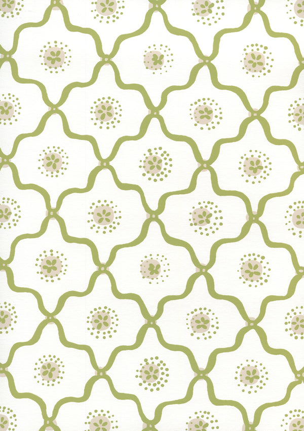 Longfellow Moss Green Taupe on White Screen Printed | China Seas