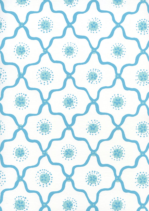 Longfellow Turquoise on White Screen Printed - White Wallcovering | China Seas