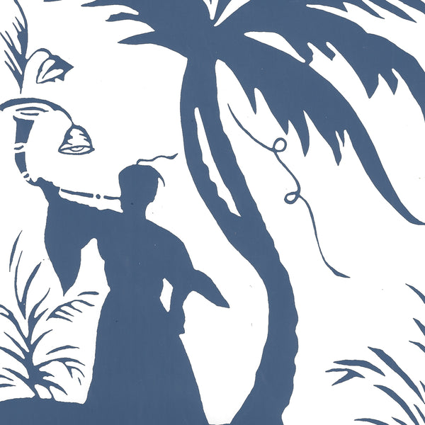 Lyford Pagoda Navy on White Screen Printed - White Wallcovering | China Seas
