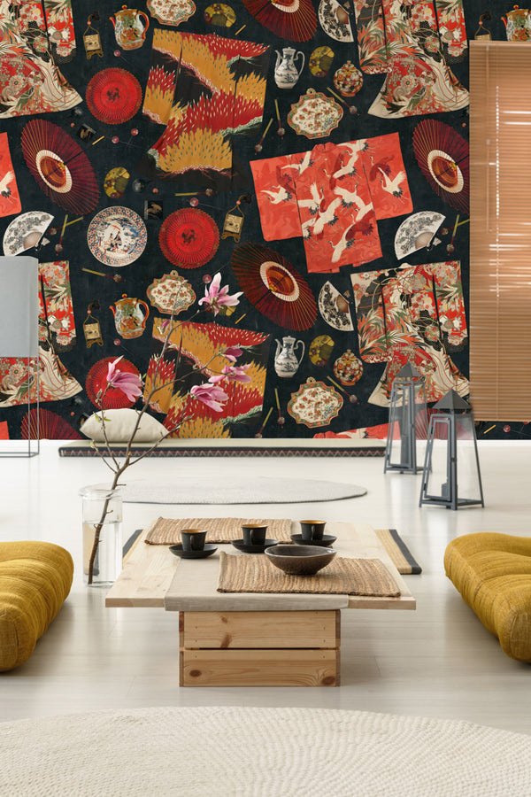 Memoirs of a Gheisha - Black, Red, Ivory, Ochre Wallcovering | Mind the Gap