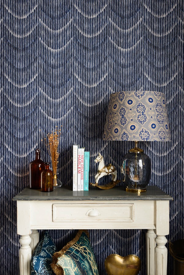 Moving Waves - White, Indigo Wallcovering | Mind the Gap