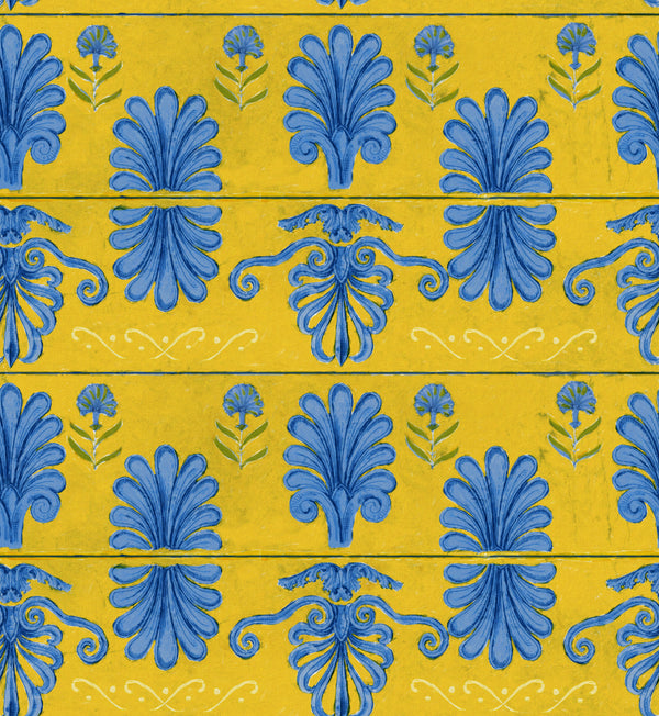 Mykonos Villa Motif Lemon - Blue, Yellow Wallcovering | Mind the Gap