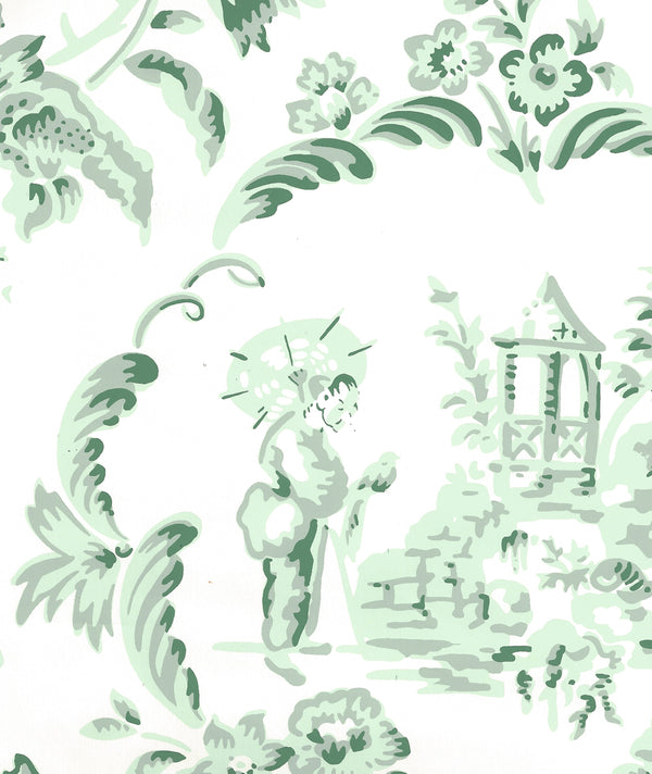 Madame Butterfly Greens on Almost White Screen Printed | China Seas