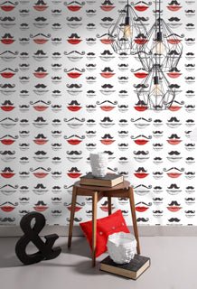 Moustache and Lips - Black, White, Red Wallcovering | Mind the Gap