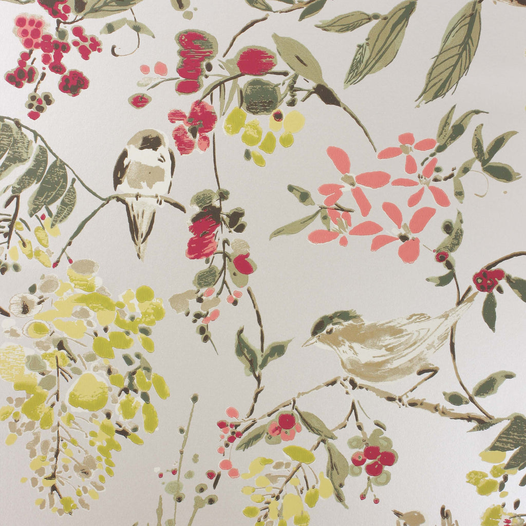 Cathay Penglai Charcoal/Sage/Coral - Green Wallcovering | Nina Campbell