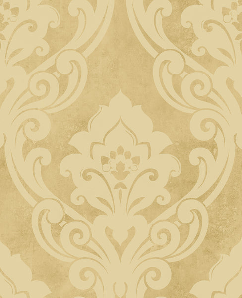 Malibu Vogue Damask Wallpaper - Mid Century Damask - Metallic Gold and Buttercup | Malibu Wallpaper