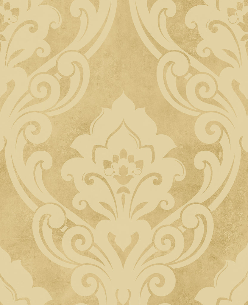 Malibu Vogue Damask Wallpaper - Mid Century Damask - Metallic Gold and Buttercup | Malibu Wallpaper
