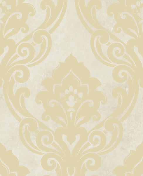 Malibu Vogue Damask Wallpaper - Mid Century Damask - Metallic Gold and Off-White | Malibu Wallpaper