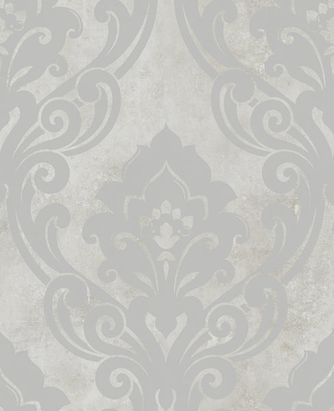 Malibu Vogue Damask Wallpaper - Mid Century Damask - Metallic Silver and Greige | Malibu Wallpaper