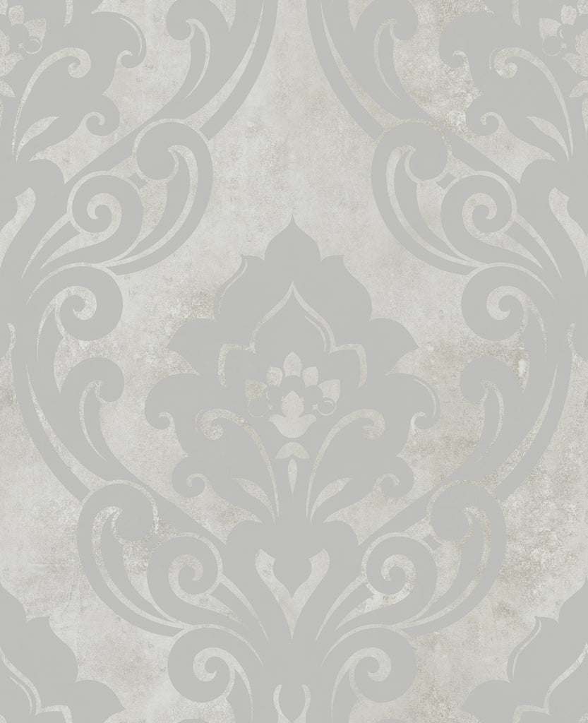 Malibu Vogue Damask Wallpaper - Mid Century Damask - Metallic Silver and Greige | Malibu Wallpaper