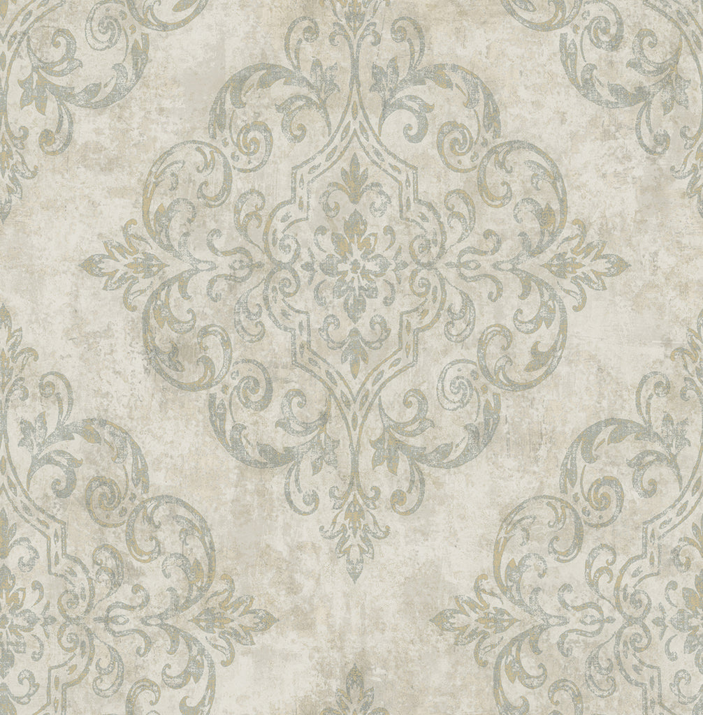 Malibu Atelier Wallpaper - Mid Century Damask - Gray, Metallic Gold, and Taupe | Malibu Wallpaper