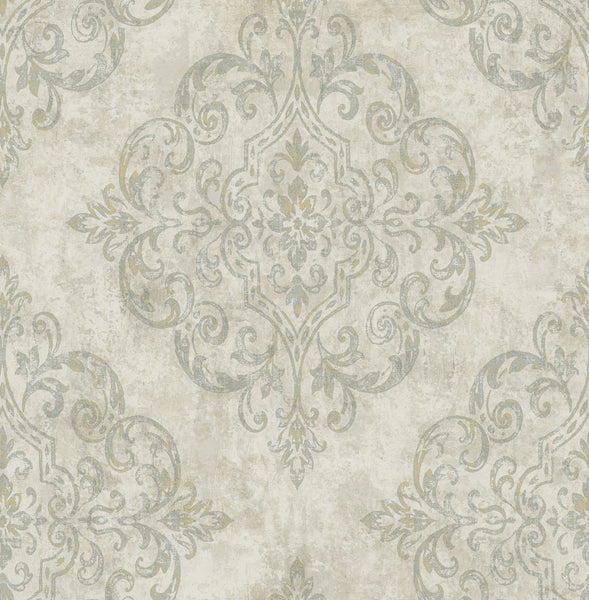 Malibu Atelier Wallpaper - Mid Century Damask - Gray, Metallic Gold, and Taupe | Malibu Wallpaper