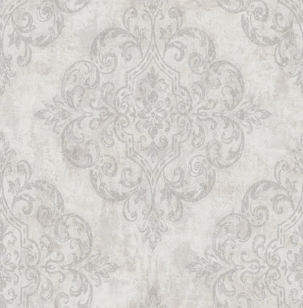 Malibu Atelier Wallpaper - Mid Century Damask - Gray, Metallic Gold, and Off-White | Malibu Wallpaper