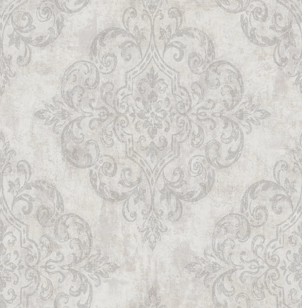 Malibu Atelier Wallpaper - Mid Century Damask - Gray, Metallic Gold, and Off-White | Malibu Wallpaper