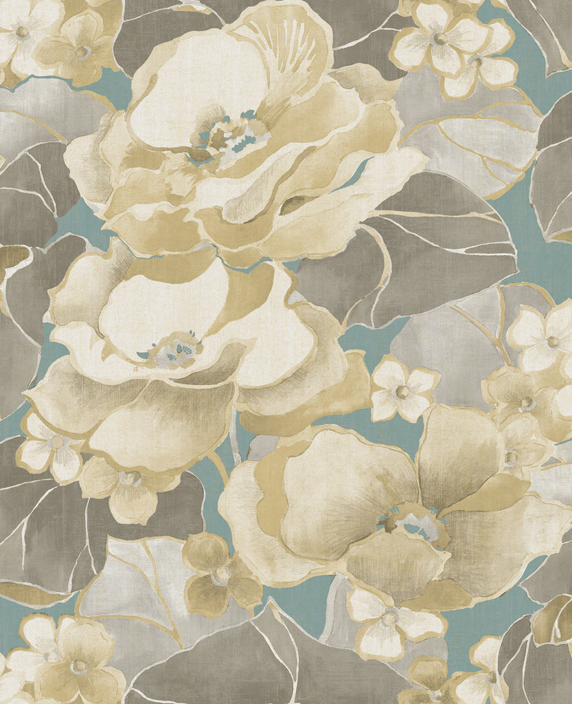 Malibu Adorn Wallpaper - Mid Century Floral - Metallic Gold, Teal, and Greige | Malibu Wallpaper