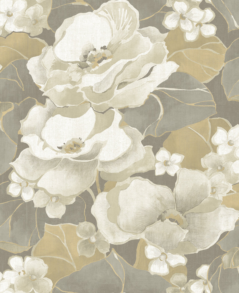Malibu Adorn Wallpaper - Mid Century Floral - Metallic Silver, Off-White, and Tan | Malibu Wallpaper