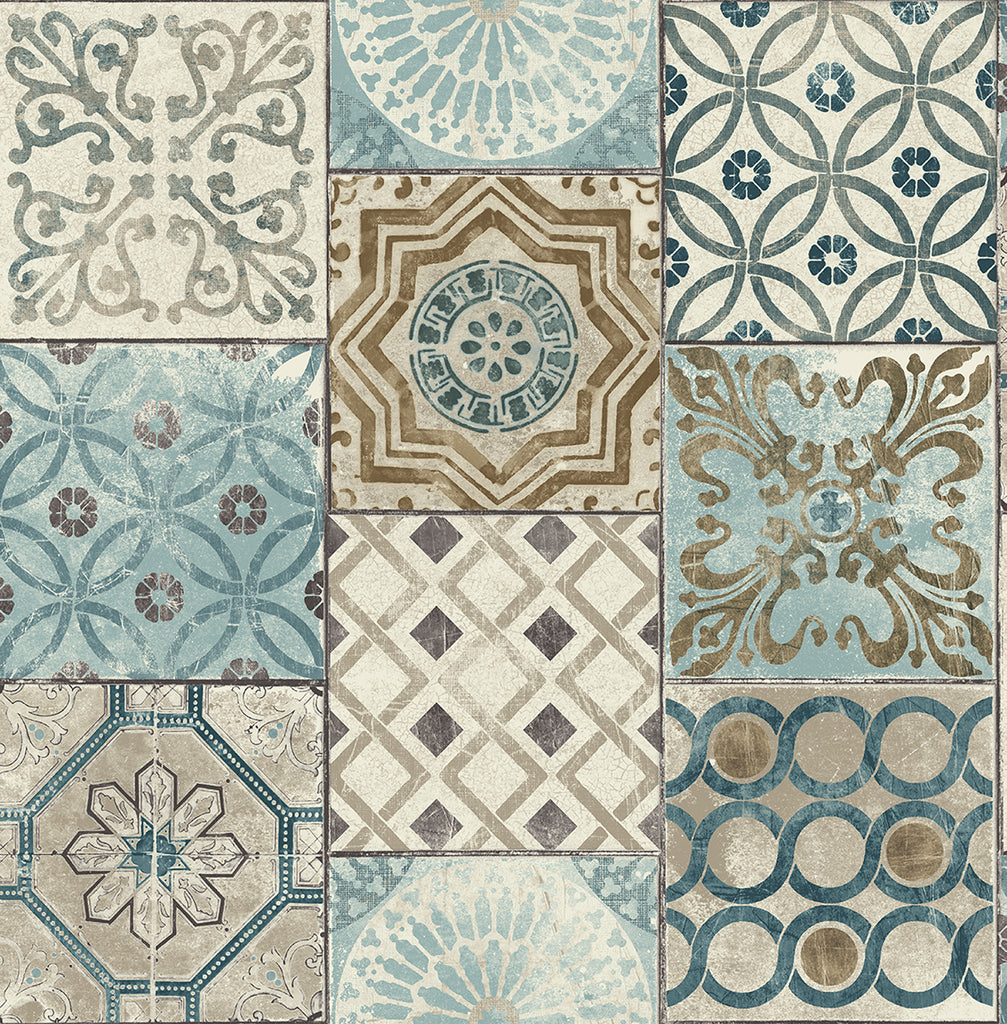 Malibu PS Morocaan Tile Moroccan Tile - Blue & Copper | Peel and Stick Removable Wallpaper