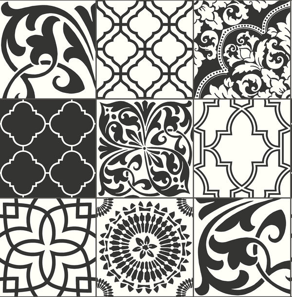 Malibu Ps Black and White Graphic Tile Moroccan Tile - Black & White | Peel and Stick Removable Wallcovering