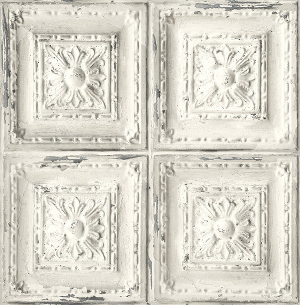 Malibu Ps Distressed Tin Tile Rustic Tile - Linen & Charcoal | Peel and Stick Removable Wallcovering
