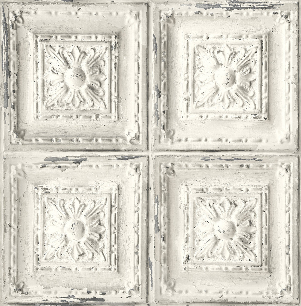 Malibu PS Distressed Tin Tile Rustic Tile - Linen & Charcoal | Peel and Stick Removable Wallpaper
