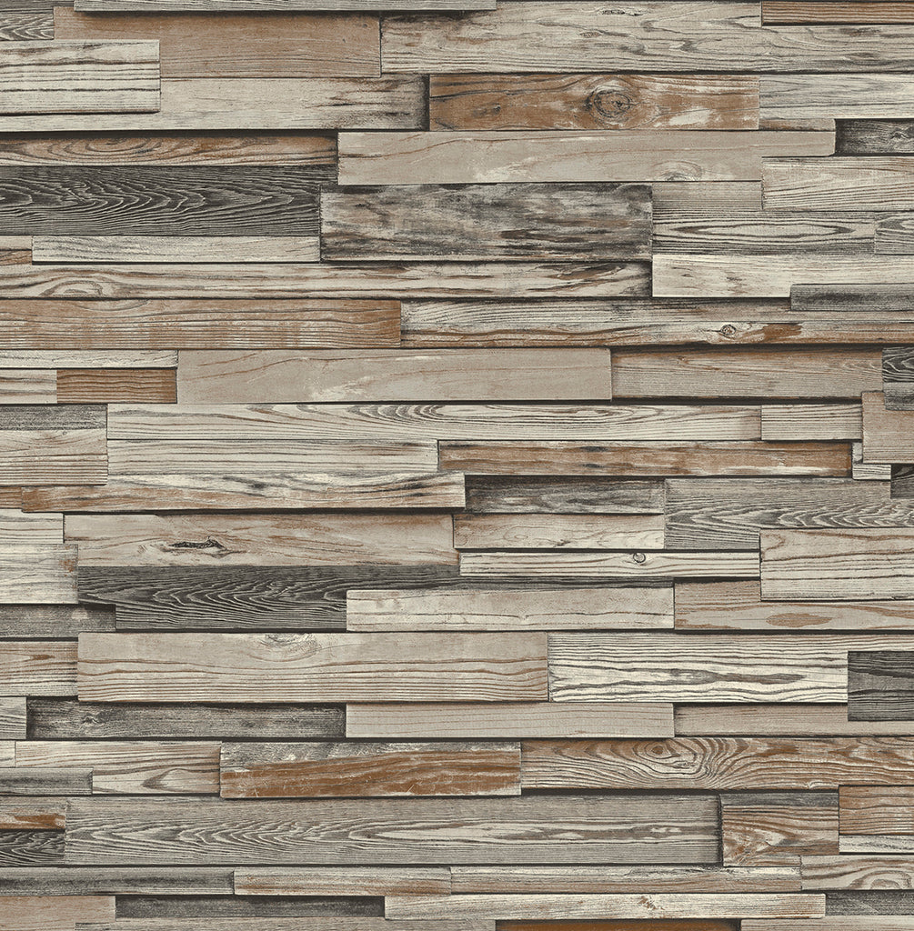 Malibu PS Reclaimed Wood Plank Rustic Wood - Charcoal & Brown | Peel and Stick Removable Wallpaper