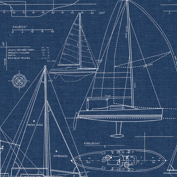 Malibu Ps Yacht Club Coastal Illustration - Navy Blue | Peel and Stick Removable Wallcovering