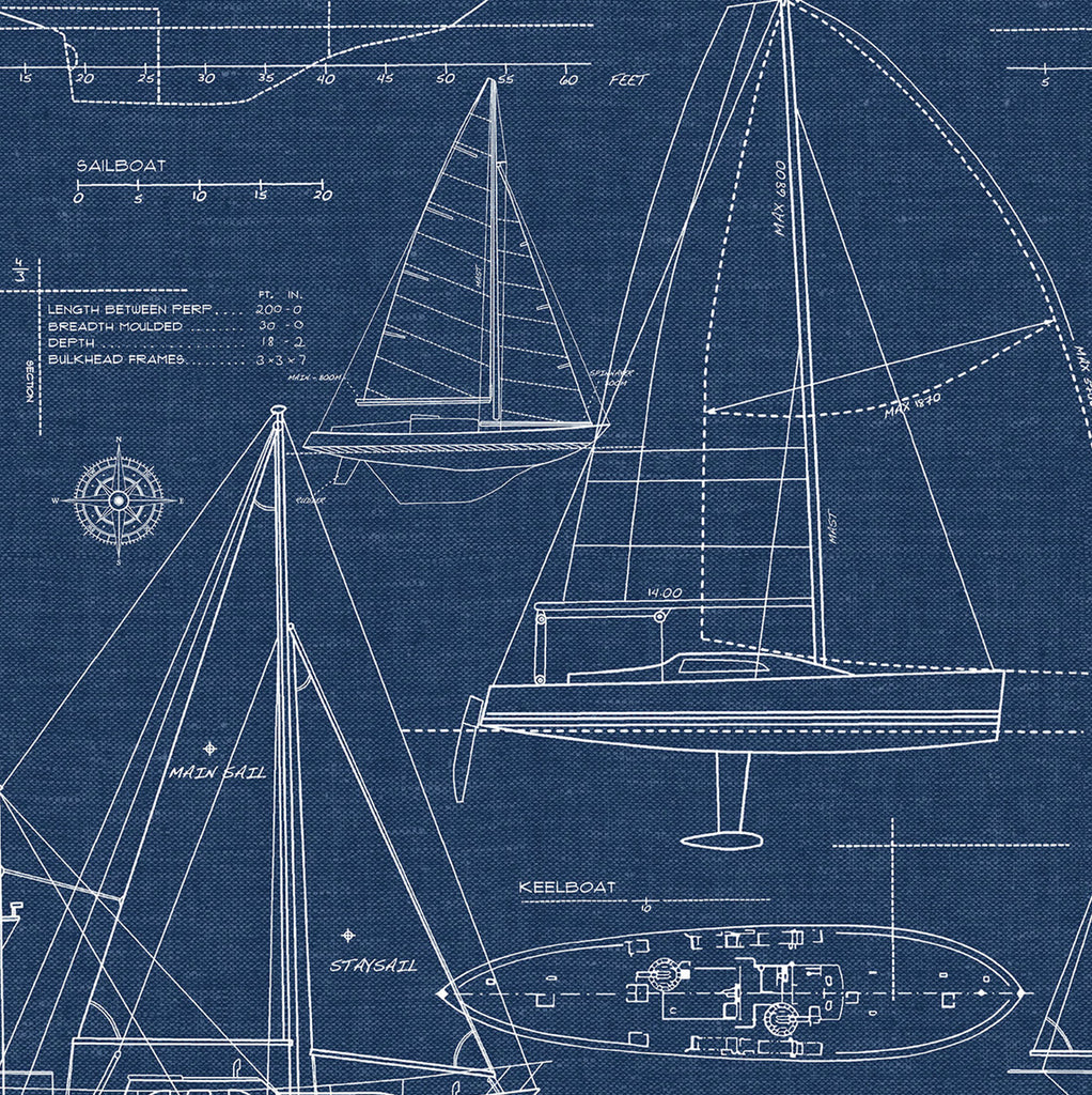 Malibu PS Yacht Club Coastal Illustration - Navy Blue | Peel and Stick Removable Wallpaper