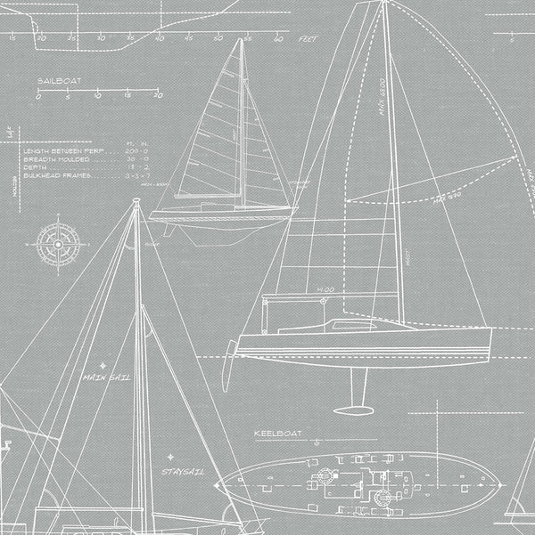 Malibu Ps Yacht Club Coastal Illustration - Gray | Peel and Stick Removable Wallcovering