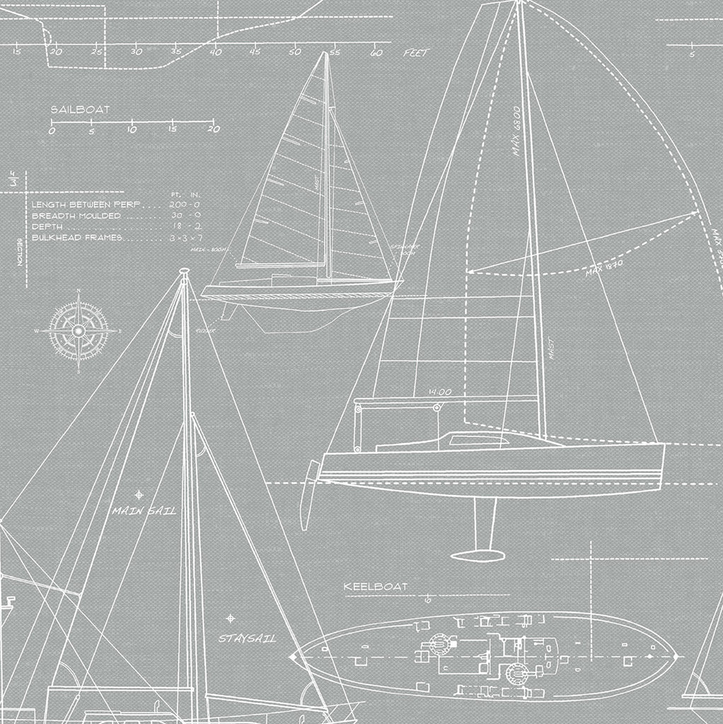 Malibu PS Yacht Club Coastal Illustration - Gray | Peel and Stick Removable Wallpaper