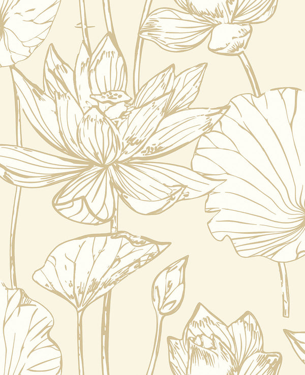 Malibu Ps Lotus Floral Contemporary Floral - Metallic Gold & Cream | Peel and Stick Removable Wallcovering
