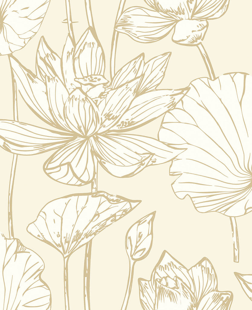 Malibu PS Lotus Floral Contemporary Floral - Metallic Gold & Cream | Peel and Stick Removable Wallpaper