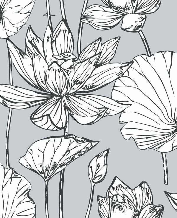 Malibu Ps Lotus Floral Contemporary Floral - Gray & Ebony | Peel and Stick Removable Wallcovering