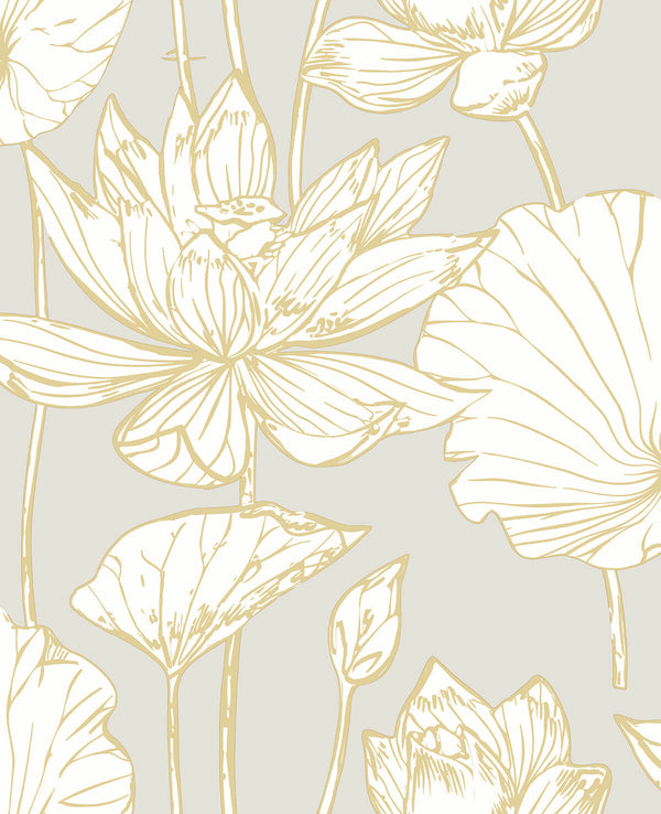 Malibu Ps Lotus Floral Contemporary Floral - Metallic Gold & Gray | Peel and Stick Removable Wallcovering