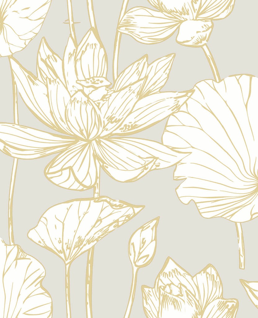Malibu PS Lotus Floral Contemporary Floral - Metallic Gold & Gray | Peel and Stick Removable Wallpaper