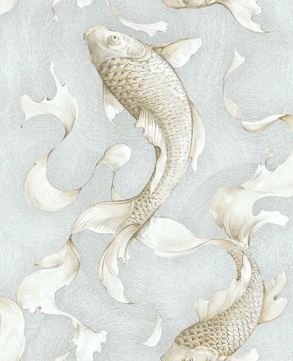 Malibu Ps Koi Fish Contemporary Animal Print - Metallic Champagne & Gray | Peel and Stick Removable Wallcovering