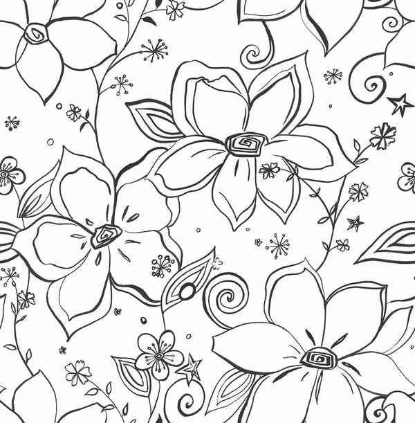 Malibu Ps Linework Floral Contemporary Floral - Black | Peel and Stick Removable Wallcovering