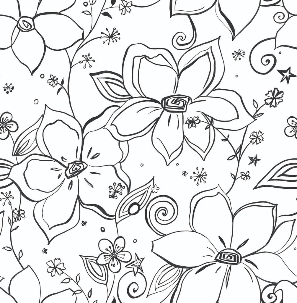 Malibu PS Linework Floral Contemporary Floral - Black | Peel and Stick Removable Wallpaper